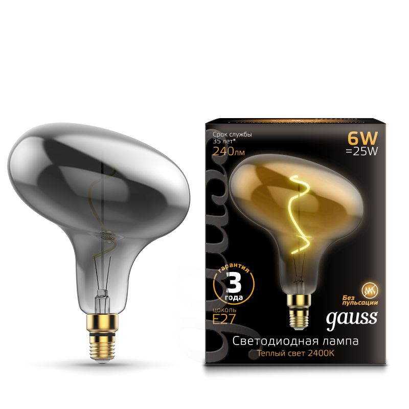 Gauss Лампа Gauss Filament FD180 6W 240lm 2400К Е27 gray flexible LED 1/6