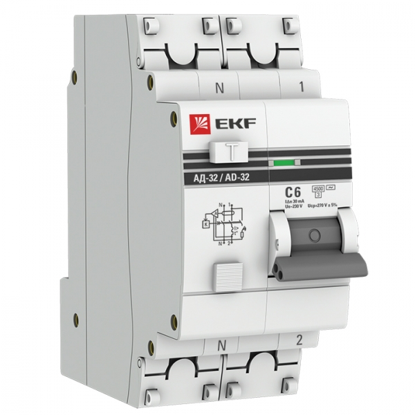 EKF Дифференциальный автомат АД-32 1P+N  6А/30мА (хар. C, AC, электронный, защита 270В) 4,5кА PROxima
