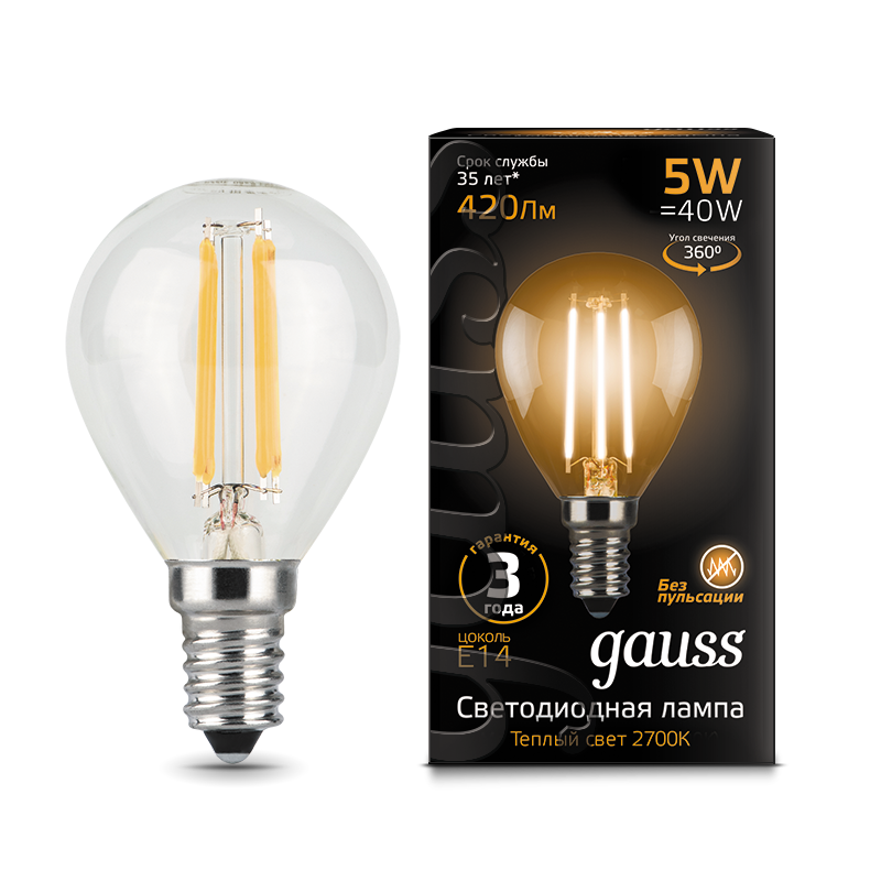 Gauss Лампа LED Filament Globe E14 5W 2700K 1/10/50