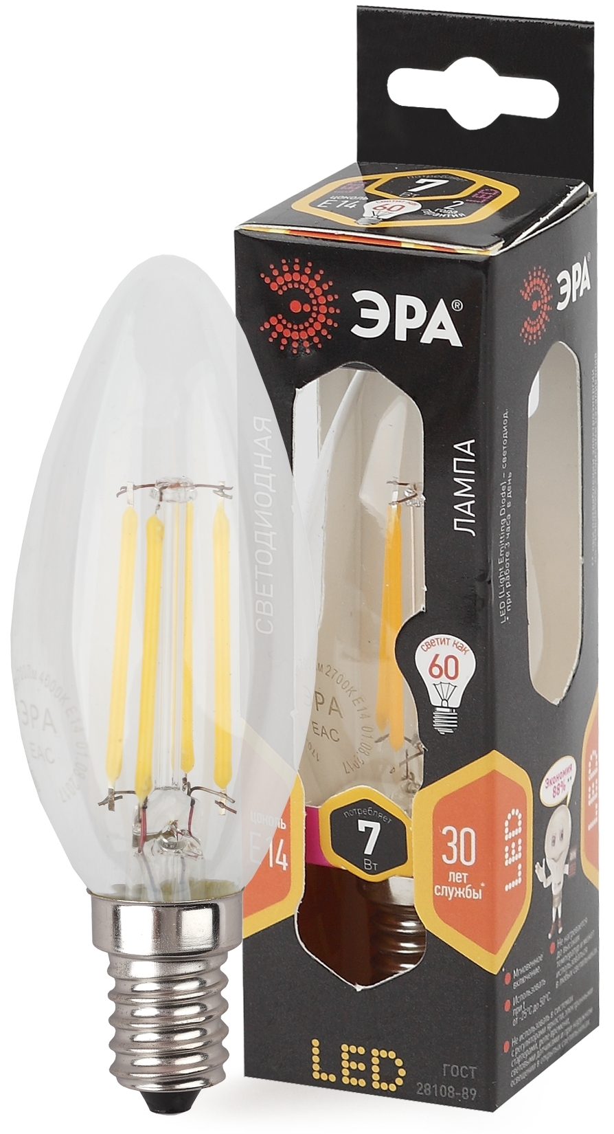 ЭРА F-LED B35-7W-827-E14 (филамент, свеча, 7Вт, тепл, E14)