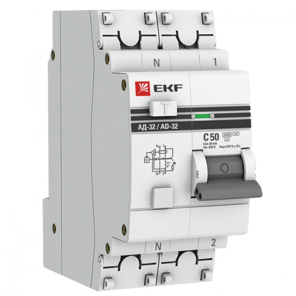 EKF Дифференциальный автомат АД-32 1P+N 50А/30мА (хар. C, AC, электронный, защита 270В) 4,5кА PROxima