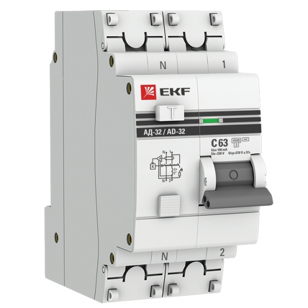 EKF Дифференциальный автомат АД-32 1P+N 63А/100мА (хар. C, AC, электронный, защита 270В) 4,5кА PROxima