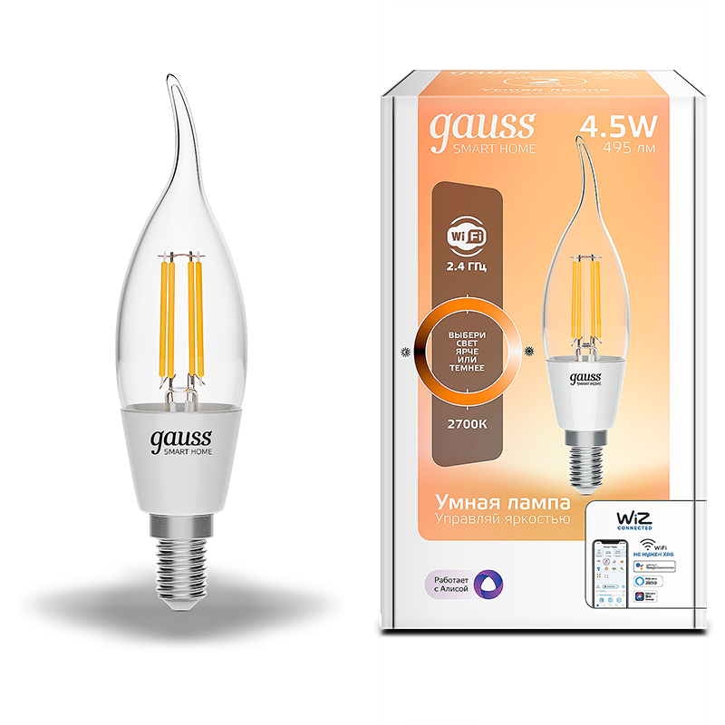 Gauss Лампа светодиодная филаментная Smart Home DIM E14 CF35 4,5 Вт 1/10/40