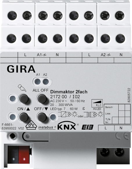 Gira KNX Светорегулятор универсальный 2-канальный 20-300 ВА DIN-рейка
