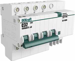 DEKraft ДИФ-101 Дифференциальный автоматический выключатель 4Р 32А 100мА тип AC (С) 4,5кА