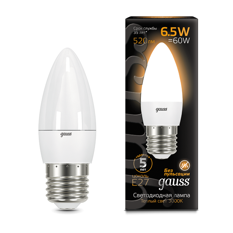 Gauss Лампа LED свеча 6,5W E27 3000K FR