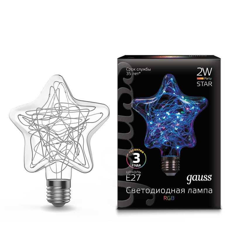 Gauss Лампа LED Vintage Star, мощность 2W, цоколь E27, размер 115*155мм RGB