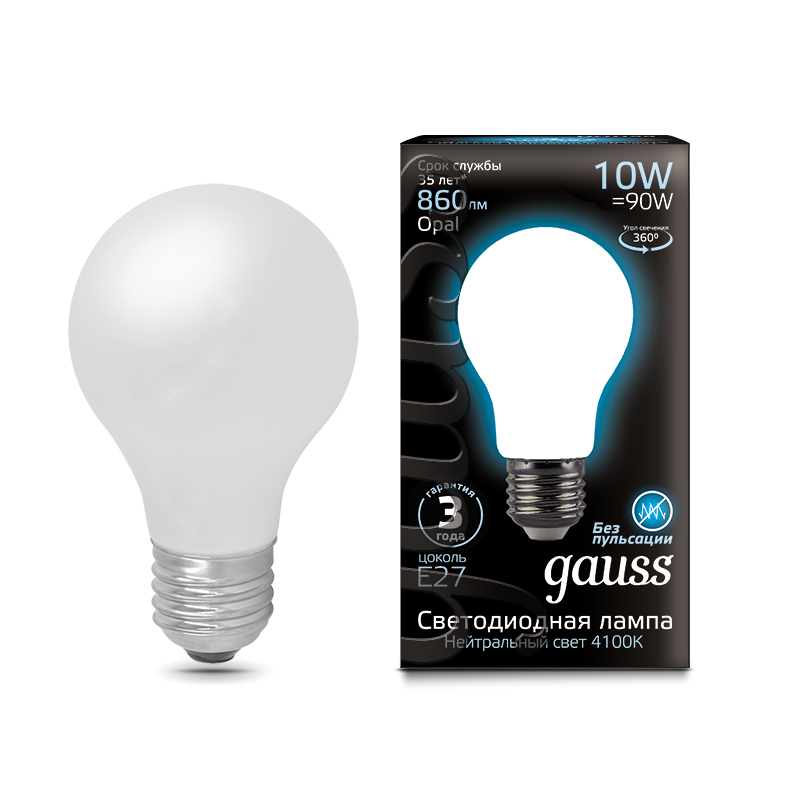 Gauss Лампа LED Filament A60 Opal E27 10W 4100К 1/10/40