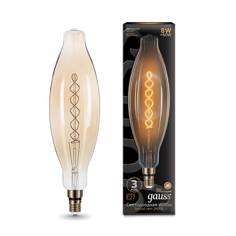 Gauss Лампа LED Vintage Filament Flexible BT120 8W E27 120*420mm Amber 620lm 2400K 1/10