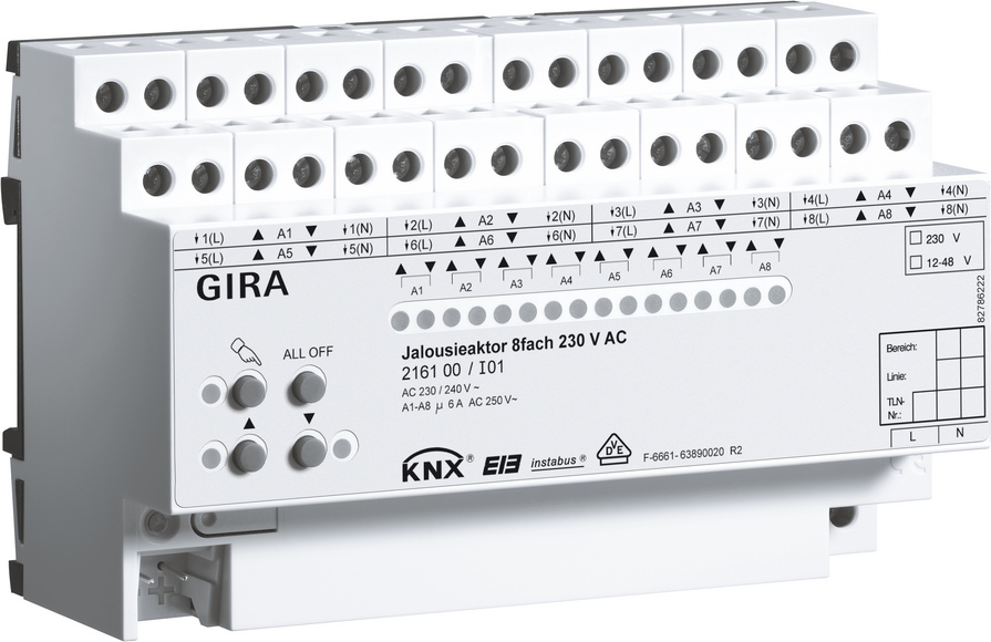 Gira KNX Актор управления жалюзи, 8 канальное 220 В АС 12-24 В AC/DC 6 А возм ручн упр DIN-рейка