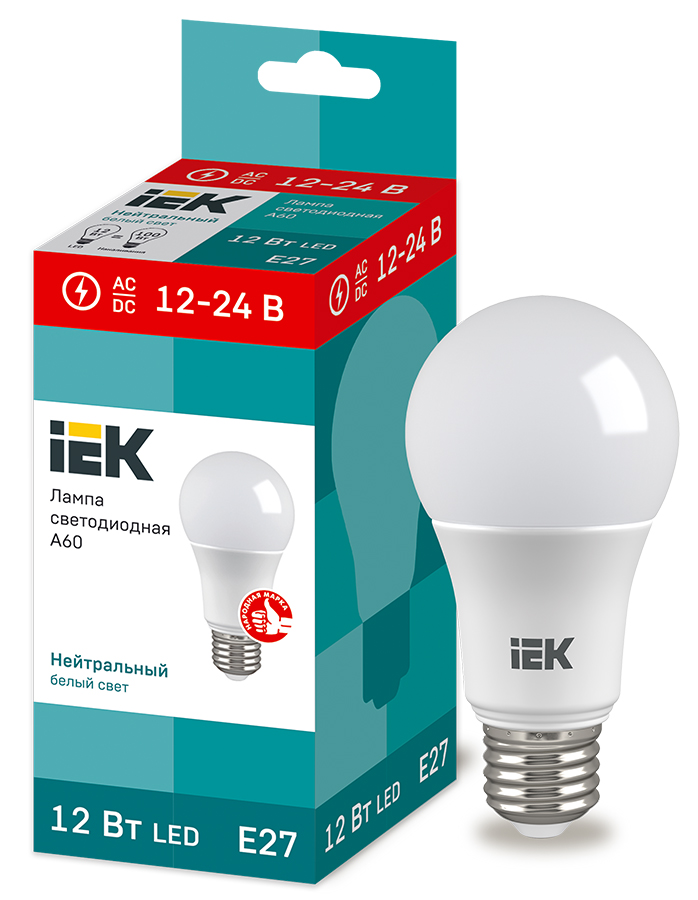 IEK Лампа светодиодная A60 шар 12Вт 12-24В 4000К E27