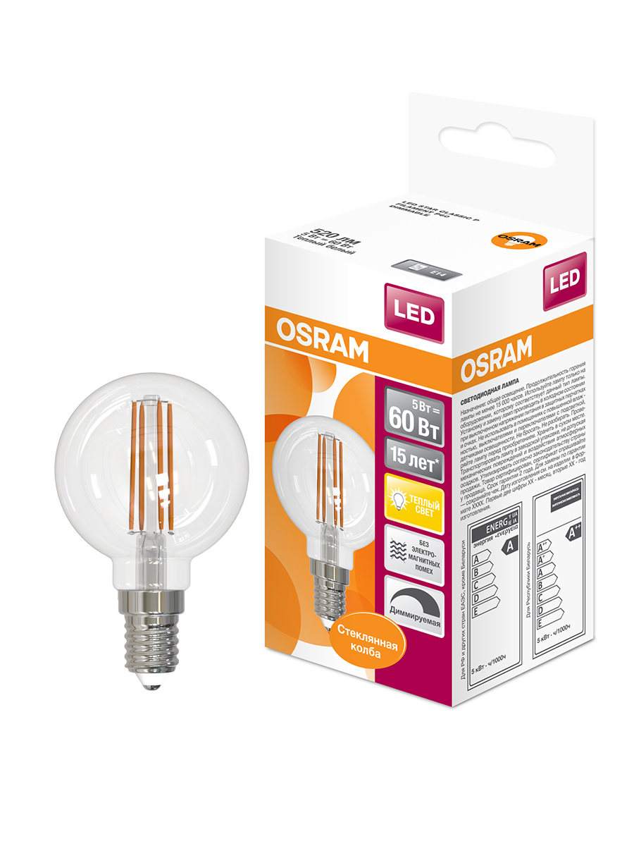 Osram  LED Star Светодиодная  филаментная лампа Classic P 5W (замена 60Вт),диммируемая,теплый белый свет, прозрачная колба, Е14 