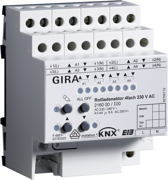 Gira KNX Актор жалюзи, 4-канальный 230V 6 А возм ручное управление DIN-рейка