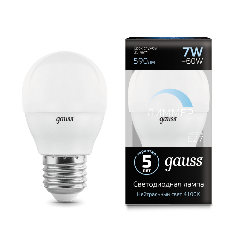 Gauss Лампа LED Globe-dim E27 7W 4100К диммируемая 1/10/100