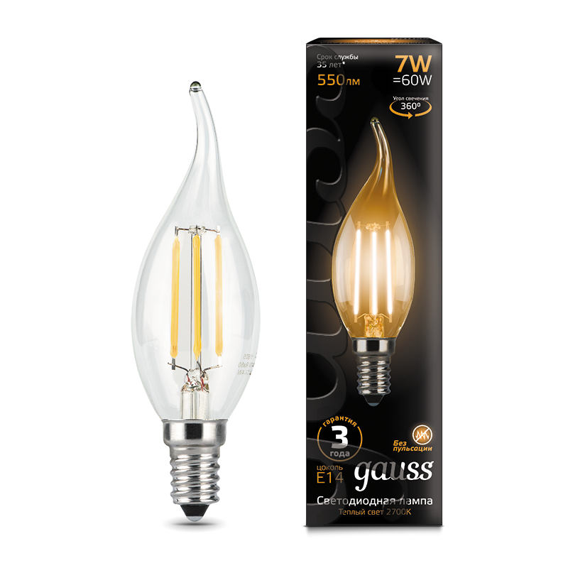 Gauss Лампа LED Filament Candle tailed E14 7W 2700К 1/10/50