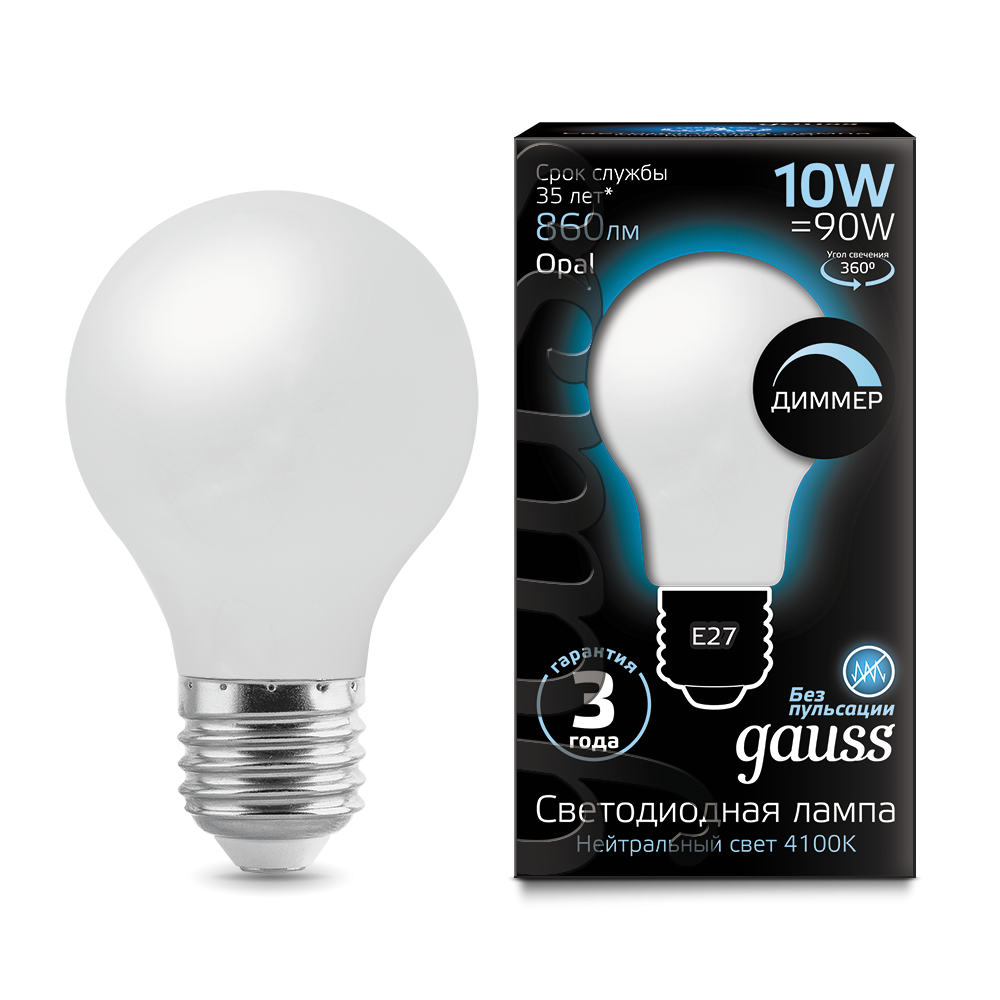 Gauss Лампа LED Filament A60 Opal dimmable E27 10W 4100К 1/10/40
