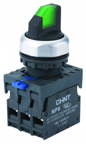 CHINT Переключатель с подсветкой NP8-11XD/213, 2 положения с фиксацией, 1НО+1НЗ зелёная AC110В-230В(LED) IP65 (R)