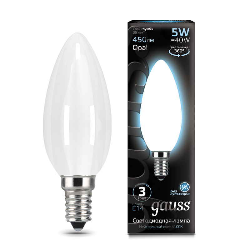 Gauss Лампа LED Filament Candle Opal E14 5W 4100К 1/10/50