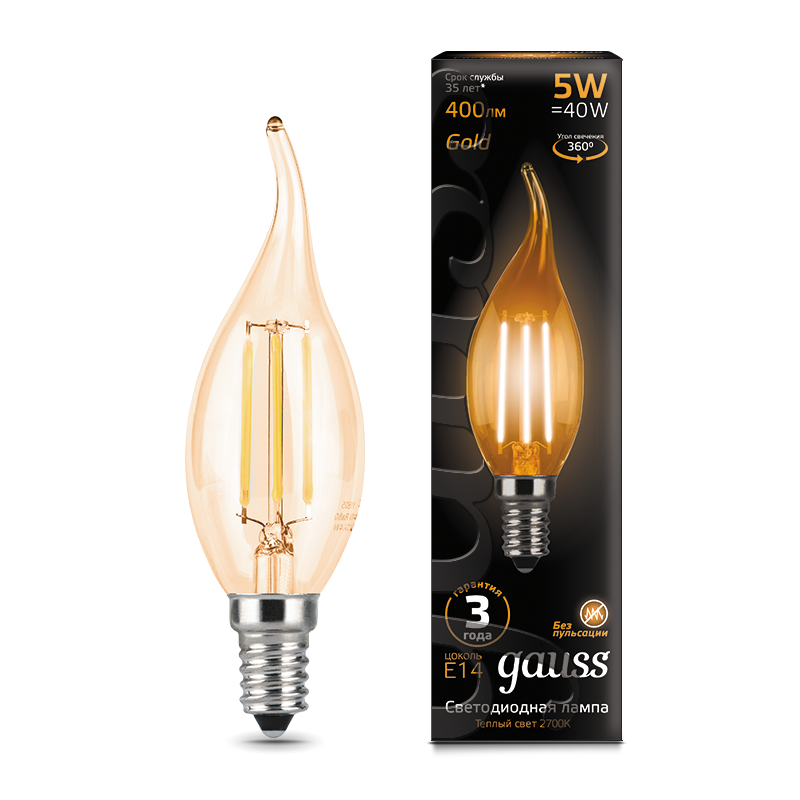 Gauss Лампа LED Filament Candle tailed E14 5W 2700K Golden 1/10/50