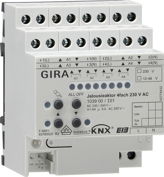Gira KNX Актор для жалюзи 4-канальный 230 В АС 24-48 B AC/DC 6А, возм ручное управл DIN-рейка