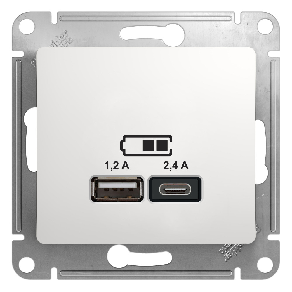 SE Glossa Белый Розетка двойная USB с разъемами типа, 5В/2,4 А, 2х5В/1,2 А, механизм