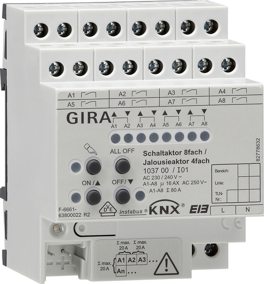 Gira KNX Актор для жалюзи/выкл 4/8 каналов 16 А возм руч. управ DIN-рейка