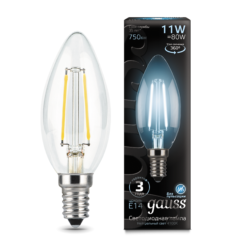 Gauss Лампа LED Filament Свеча E14 11W 750lm 4100К 1/10/50