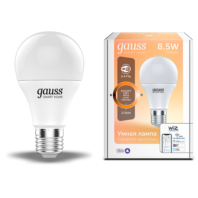Gauss Лампа Светодиодная Smart Home DIM E27 A60 8.5 Вт 2700К 1/10/40