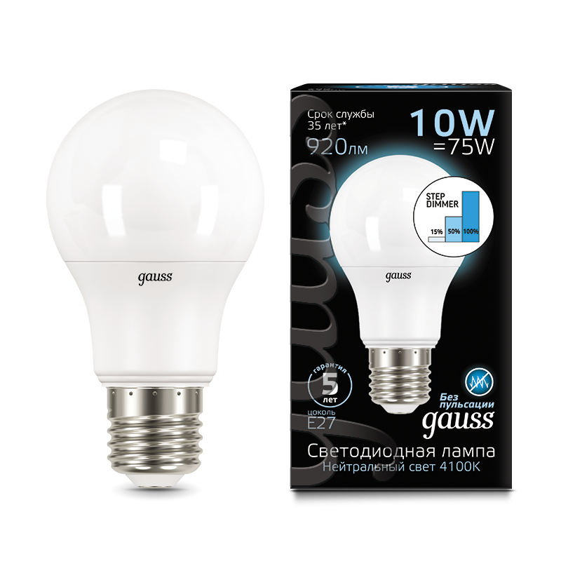 Gauss Лампа LED A60 10W E27 4100K step dimmable 1/10/50