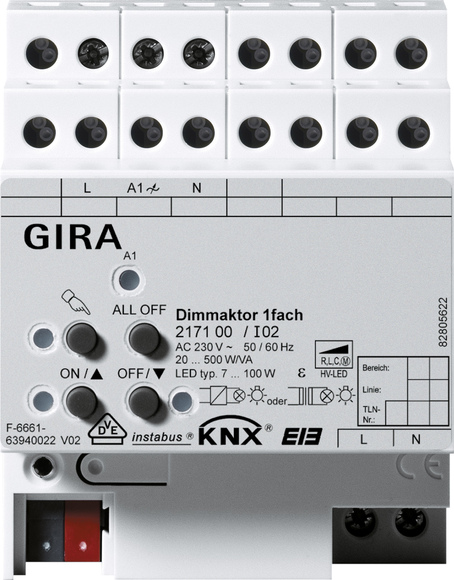 Gira KNX Светорегулятор универсальный 1-канальный 20-500 ВА DIN-рейка