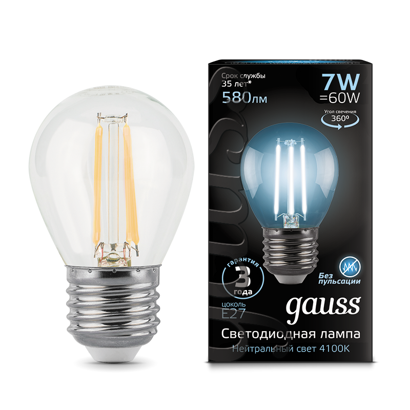 Gauss Лампа LED Filament Globe E27 7W 4100K 1/10/50