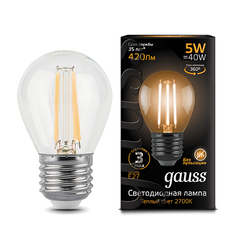 Gauss Лампа LED Filament Globe E27 5W 2700K 1/10/50