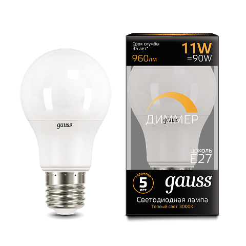Gauss Лампа LED A60-dim E27 11W 3000К диммируемая 1/10/50