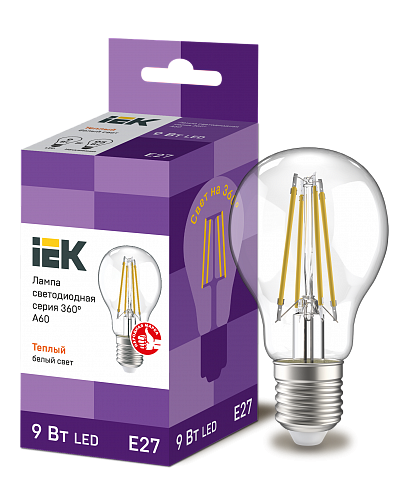 IEK Лампа LED A60 шар прозрачный 9Вт 230В 3000К E27 серия 360°