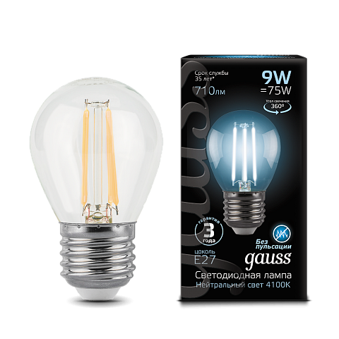 Gauss Лампа LED Filament Globe E27 9W 4100K 1/10/50