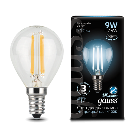 Gauss Лампа LED Filament Globe E14 9W 4100K 1/10/50