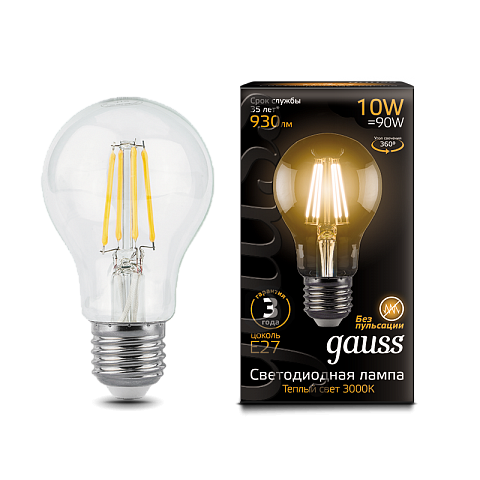 Gauss Лампа LED Filament A60 E27 10W 2700К 1/10/40