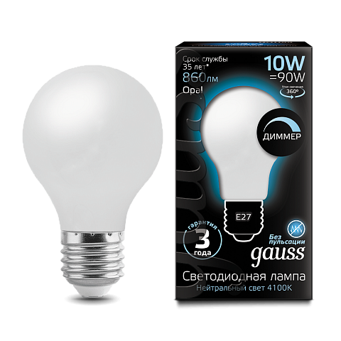 Gauss Лампа LED Filament A60 Opal dimmable E27 10W 4100К 1/10/40