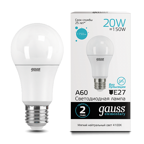 Gauss Лампа LED Elementary A60 20W E27 4100K 1/10/40