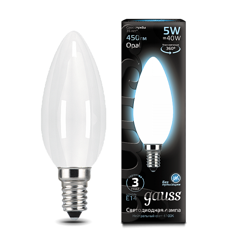 Gauss Лампа LED Filament Candle Opal E14 5W 4100К 1/10/50