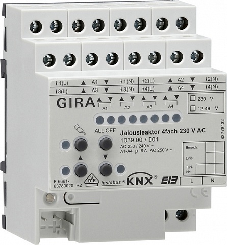 Gira KNX Актор для жалюзи 4-канальный 230 В АС 24-48 B AC/DC 6А, возм ручное управл DIN-рейка
